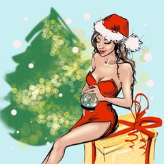 beautiful smiling brunette woman in a red Christmas suit illustration 