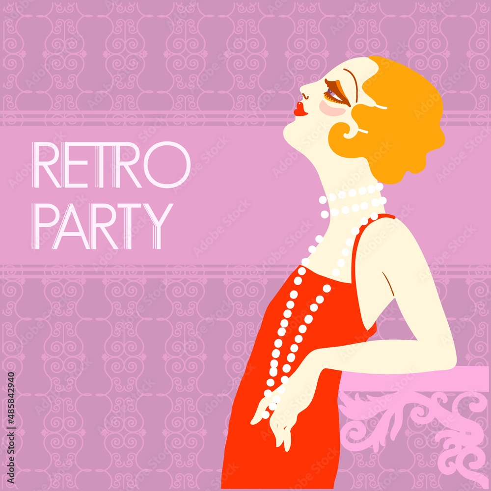 Wall mural Retro party invitation design template. Vintage flapper girl in 1920s style fashion red dress. Vector retro woman with blond hair and fashion lond beads on her neck - Wall murals