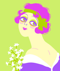 Vintage woman portrait in 1920s style fashion with red flower in hand. Vector retro style flapper girl with red hairdo isolated on white background