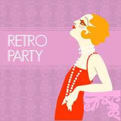 Retro party invitation design template. Vintage flapper girl in 1920s style fashion red dress. Vector retro woman with blond hair and fashion lond beads on her neck