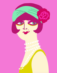 Vintage flapper girl in 1920s style fashion dress. Vector retro woman with fashion vintage accessories on pink background