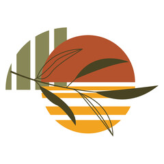 Geometric figures with abstract sun and plant branch. Isolated vector elements in boho style. Modern minimalistic art. Organic natural shape and scandinavian color © Анжелика Тубеляева