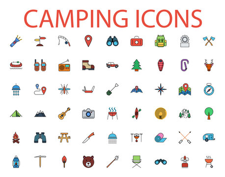 Camping icons set. Flat related icon set for web and mobile applications. It can be used as logo, pictogram, icon, infographic element