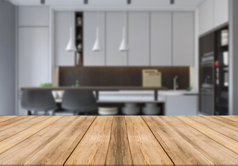 Fototapeta na wymiar Wooden board empty table blurred background modern kitchen