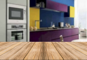 Wooden board empty table blurred background modern kitchen