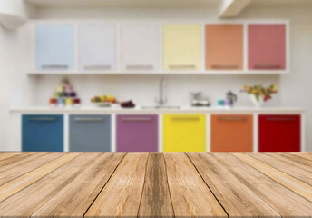 Fototapeta premium Wooden board empty table blurred background modern kitchen