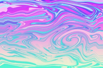 ターコイズブルーや紫のグラデーションのある流れるようなアクリルのマーブリング