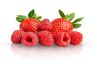 strawberries and raspberries on a white isolated background