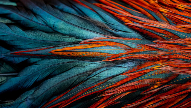 Rooster feathers. Bright dark Indian rooster (Seval Erkul) feathers close up view.