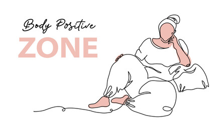 Body positive zone vector poster, banner, background. Plus size woman relax. Support, acceptance concept of fat, obese, plump, chubby people. One continuous line art drawing