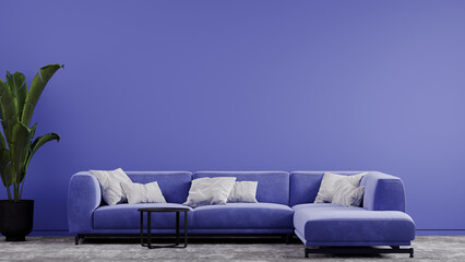 Modern lounge livingroom with large couch sofa. Lavender color or very peri in the interior design  room. Empty wall for canvas or frame. 3d rendering
