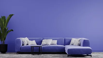 Photo sur Plexiglas Pantone 2022 very peri Modern lounge livingroom with large couch sofa. Lavender color or very peri in the interior design  room. Empty wall for canvas or frame. 3d rendering