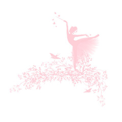 blooming spring season tree branches, dancing fairy tale princess wearing ballet tutu and flying swallow birds vector silhouette copy space design - obrazy, fototapety, plakaty