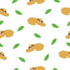 Seamless pattern of sloths lying on the ground and green leaves. White background. Cartoon character. Cute and funny. Summer and spring. For wallpaper, textile, scrapbooking and wrapping paper