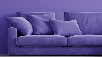 Сlose-up of a sofa with pillows. Color of the year 2022 - Very Peri. Trendy textile color - blue violet velvet. 3d rendering