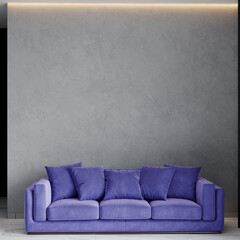 Gray living room with accent plaster stucco - empty mockup wall. Bright sofa very peri textile velvet color. Trend modern interior design 2022. 3d rendering