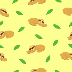 Seamless pattern of sloths lying on the ground and green leaves. Yellow background. Cartoon character. Cute and funny. Summer and spring. For wallpaper, textile, scrapbooking and wrapping paper