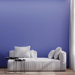 Living room very peri color background with white luxury sofa. Empty wall mockup. Two black table. 3d rendering