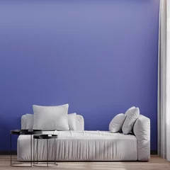 Cercles muraux Pantone 2022 very peri Living room very peri color background with white luxury sofa. Empty wall mockup. Two black table. 3d rendering