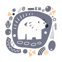 Cute decorative animal bear and forest elements. Scandinavian hand drawn pattern. Vector illustration.