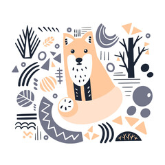 Cute decorative animal fox and forest elements. Scandinavian hand drawn pattern. Vector illustration.