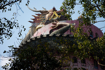 Exterior building with king of serpent naga and chinese dragon wrapped around tower for thai people...
