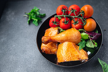 easter treat festive table chicken leg meat fresh green salad leaves mix meal food easter snack on the table copy space food background 