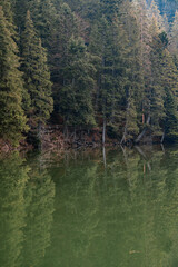 Lake and clear water, reflection of the sky and trees in the water.