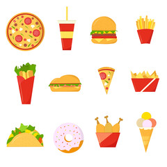 Set of multicolored fast food icons. Flat style