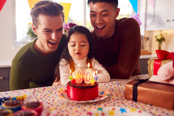 Family With Two Dads And Daughter Celebrating Parents 30th Birthday At Home With Cake And Candles