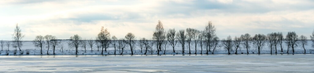 Beautiful snowy landscape on the river along the forest. Panorama of the coastal line in winter. Horizontal panorama of growing trees on the lake shore and clouds on a sunny winter day.