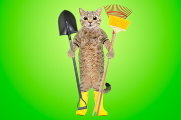 Cat standing in rubber boots with garden tools on a green background