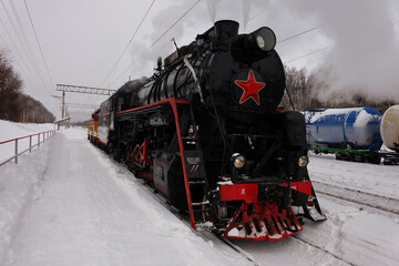 Nizhny Novgorod. Russia. February 06, 2022. Soviet steam locomotive L-3095, continues to work on the railway.