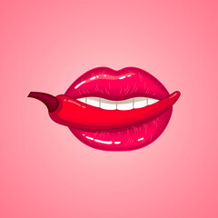 Sexy lips with chili pepper, beauty open mouth