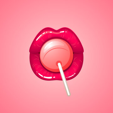 Mouth licking lollipop, red lips and pink candy