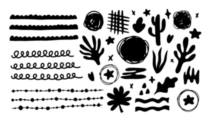 Trendy Vector Organic Doodle Shapes Set. Simple abstract natural freehand art black elements. Botanical nature objects, ink scribble spots, leaves, cactus icons for design, social media, sticker. © Ketmut
