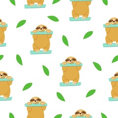 Seamless pattern of sloths sitting on turquoise fence and green leaves. White background. Cartoon character. Cute and funny. Summer and spring. For wallpaper, textile, scrapbooking and wrapping paper