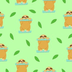 Seamless pattern. Sloths sitting on turquoise fence and green leaves. Pastel green background. Cartoon character. Cute and funny. Summer and spring. Wallpaper, textile, scrapbooking and wrapping paper