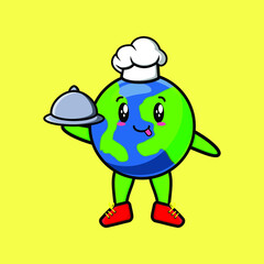 Obraz premium Cute Cartoon chef earth mascot character serving food on tray cute style design for t-shirt, sticker, logo element