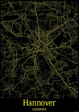 Black and Yellow map of Hannover Germany.