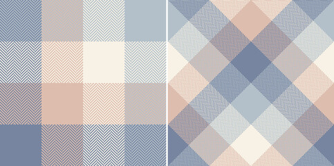 Abstract textile check plaid pattern in soft cashmere blue, pink, beige. Seamless light tartan vector set for scarf, picnic blanket, other modern spring summer autumn winter holiday textile print.