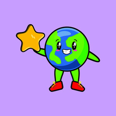 Cute cartoon mascot character earth mascot holding big golden star in cute modern style design for t-shirt, sticker, logo element