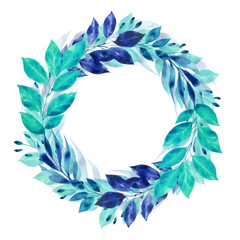 Fototapeta premium Botanical watercolor wreath isolated on white. Hand painted blue leaves