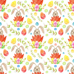 Cute watercolor pattern, willow twigs, Easter bunny with a carrot, colorful eggs on a white background. For the Easter.