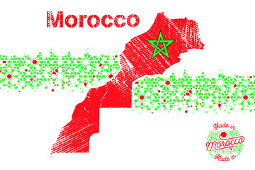 the kingdom of morocco map with disintegration effect pattern based on geometric islamic mosaic design. Tile repeating vector border. Red and green color Flag. white background. 