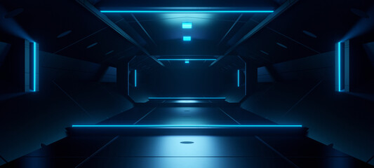 Fototapeta Interdimensional SciFi SpacecraftCorridor Hallway Hangar Interior Revolutionary Vibrant with Medium Turquoise Colors Space Age Concept 3D Illustration obraz