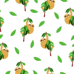 Seamless pattern of sloths hanging on tree branch and green leaves. White background. Cartoon character. Cute and funny. Summer and spring. For wallpaper, textile, scrapbooking and wrapping paper