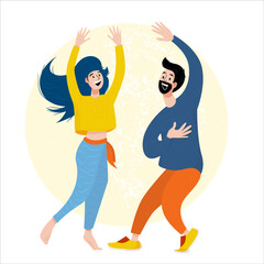 Dancing people on the background of a yellow circle. Vector graphics 
