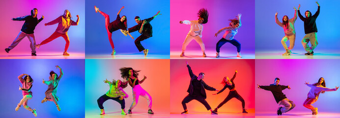 Collage. Young active people dancing contemp, hip-hop in casual cloth isolated over blue background...