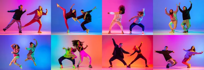 Poster Collage. Young active people dancing contemp, hip-hop in casual cloth isolated over blue background in neon light © Lustre